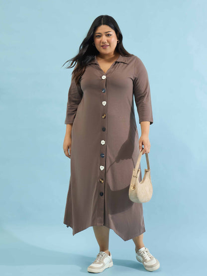Taupe Multi Design Button Down Midi Dress