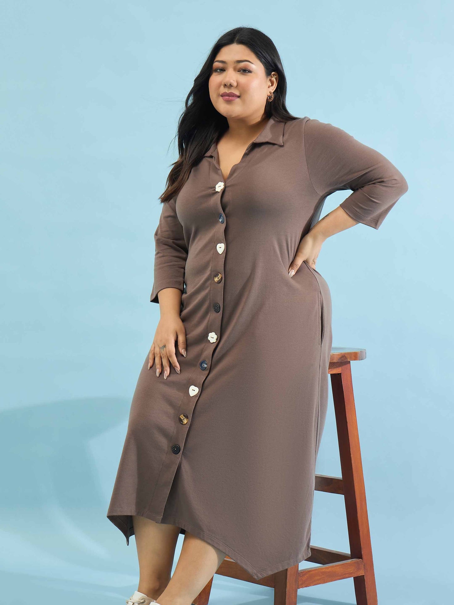 Taupe Multi Design Button Down Midi Dress