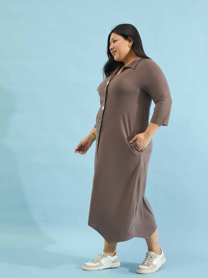 Taupe Multi Design Button Down Midi Dress