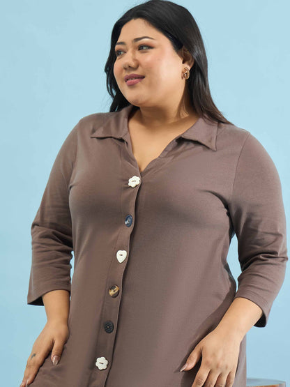 Taupe Multi Design Button Down Midi Dress