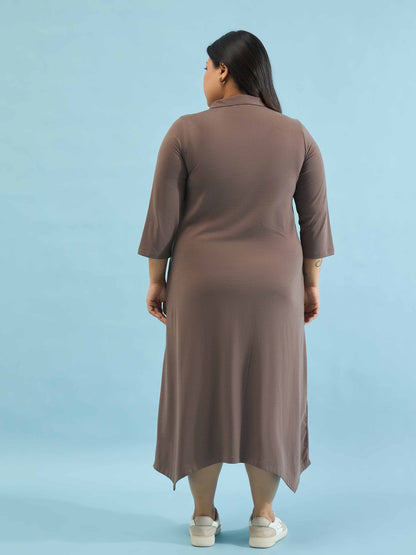 Taupe Multi Design Button Down Midi Dress