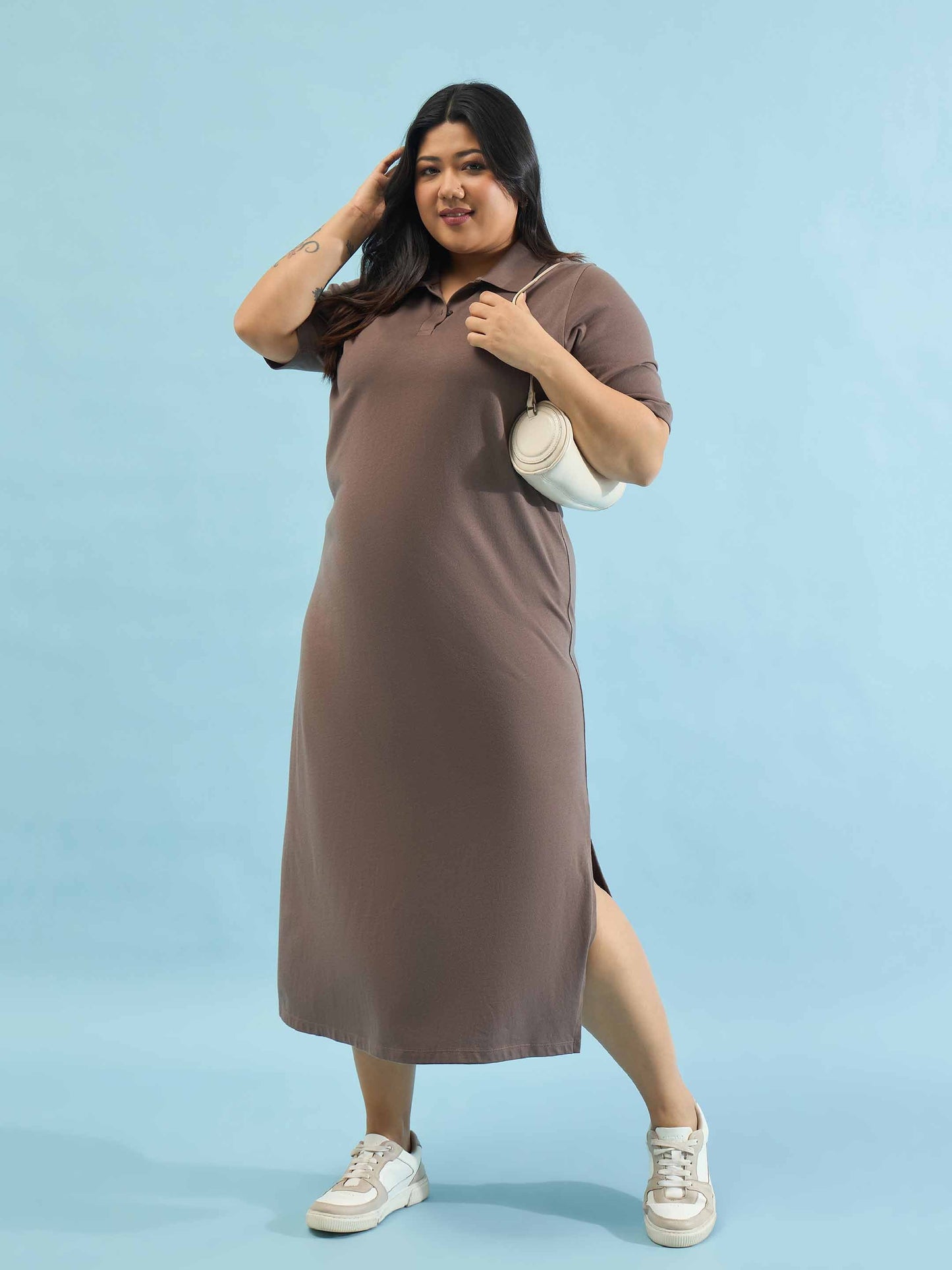 Taupe Polo Neck Side Slit Midi Dress