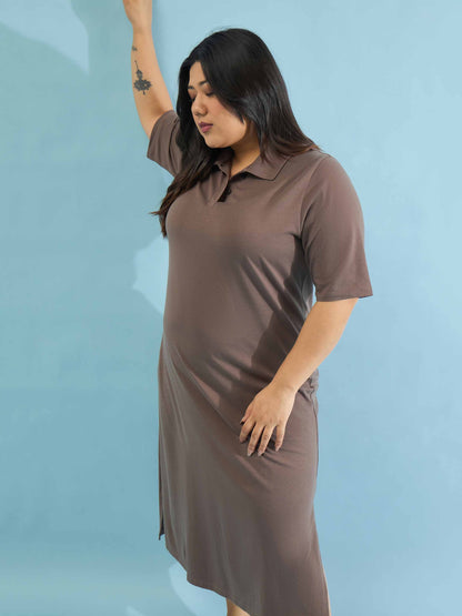 Taupe Polo Neck Side Slit Midi Dress