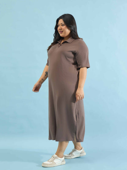 Taupe Polo Neck Side Slit Midi Dress