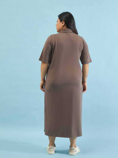 Taupe Polo Neck Side Slit Midi Dress