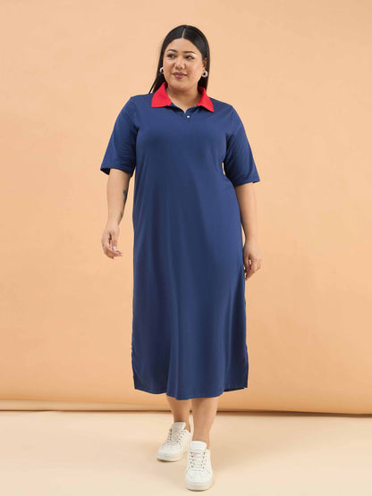 Navy Polo Neck Side Slit Midi Dress