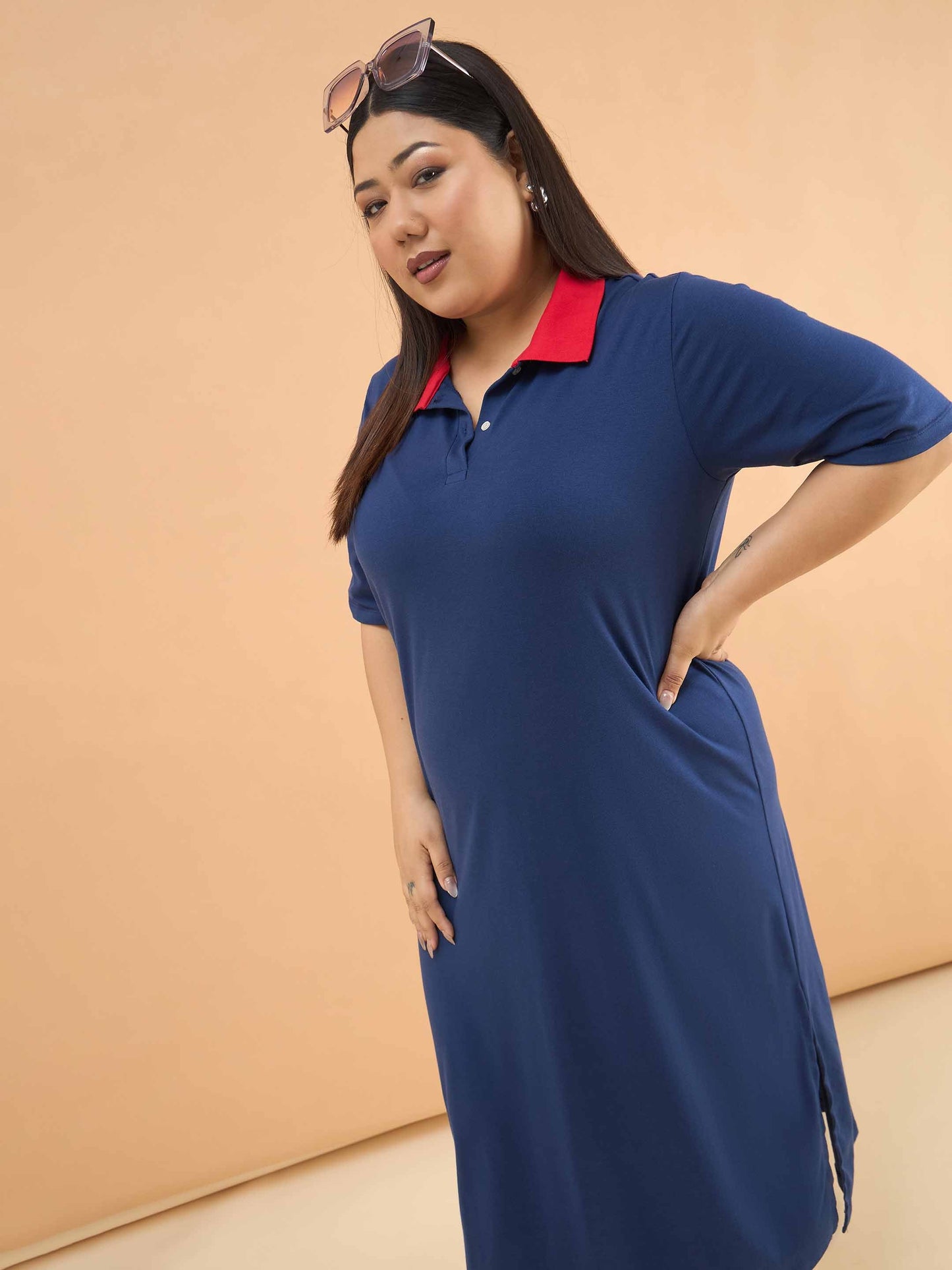 Navy Polo Neck Side Slit Midi Dress