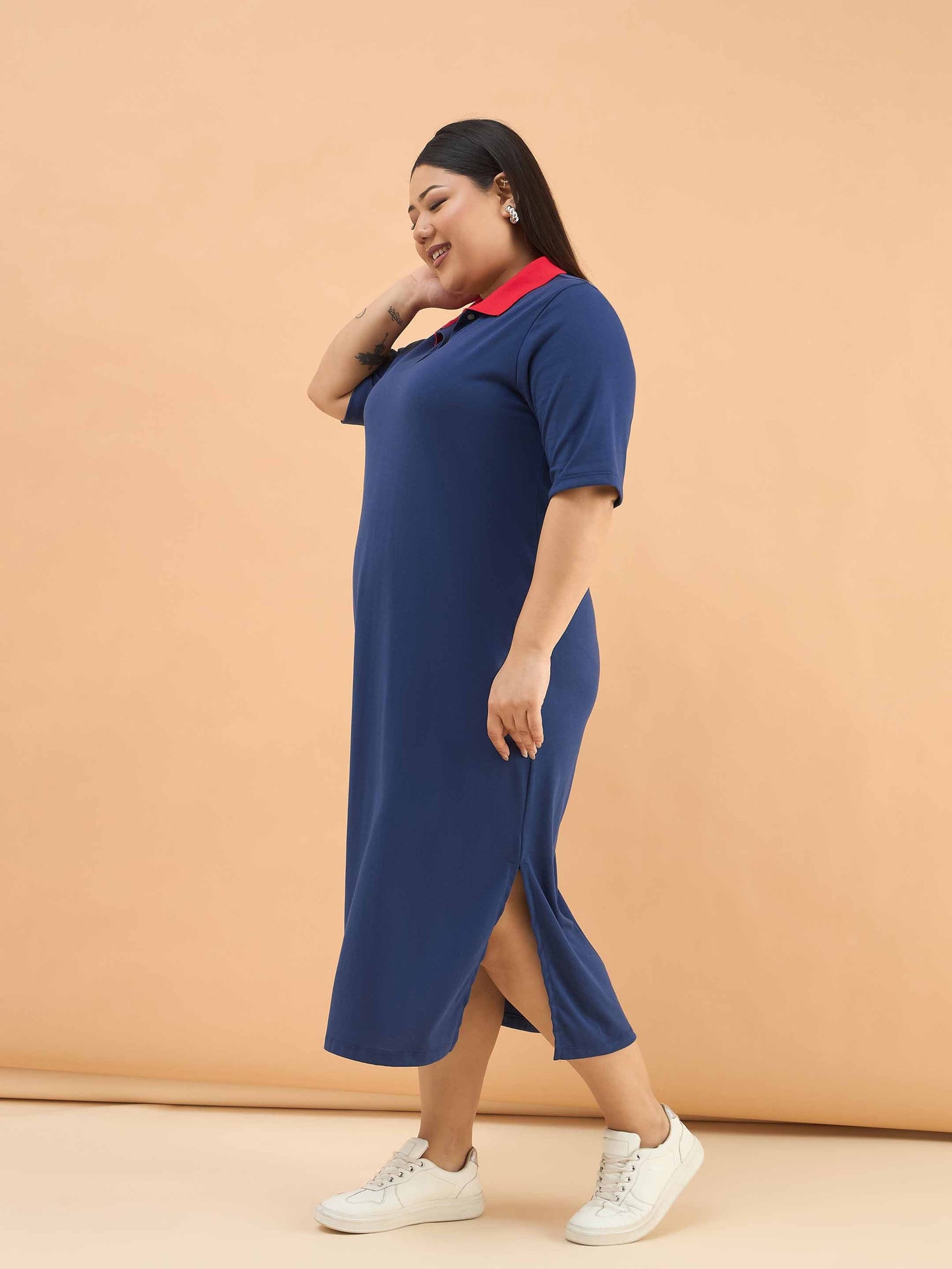 Navy Polo Neck Side Slit Midi Dress