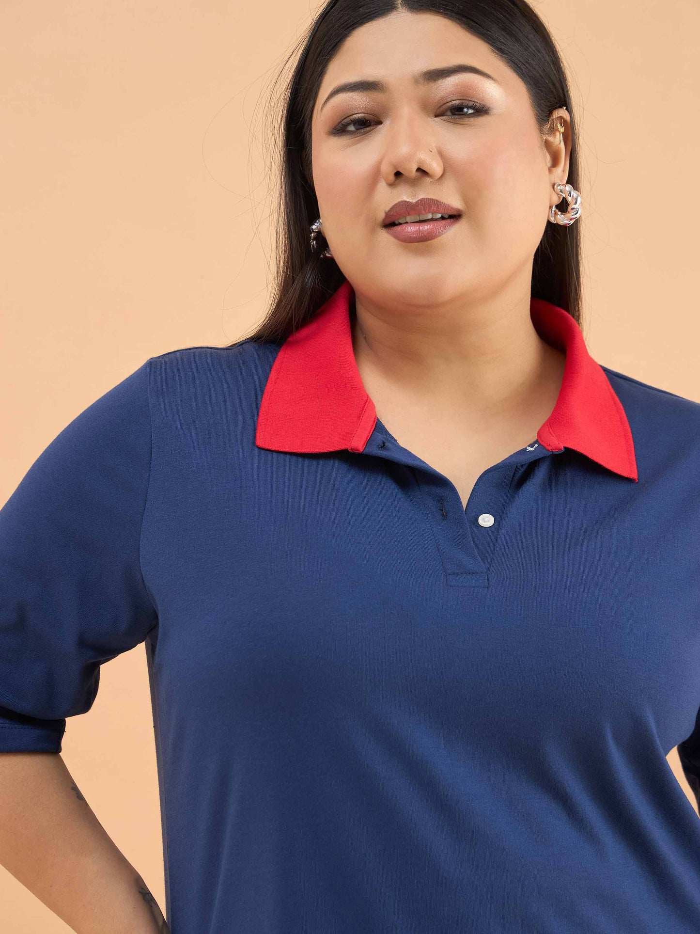 Navy Polo Neck Side Slit Midi Dress