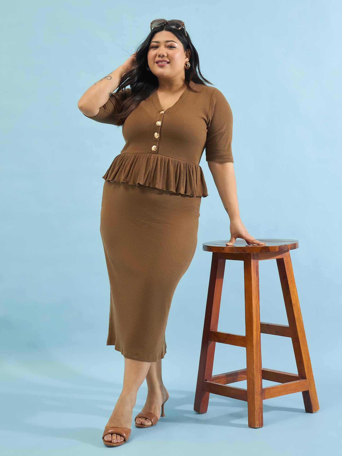 Brown Rib Front Peplum Bodycon Midi Dress