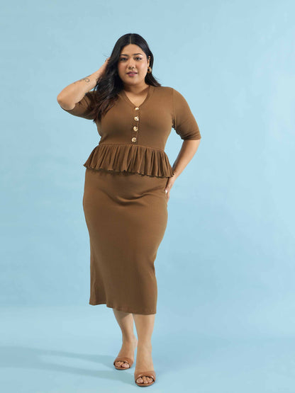 Brown Rib Front Peplum Bodycon Midi Dress