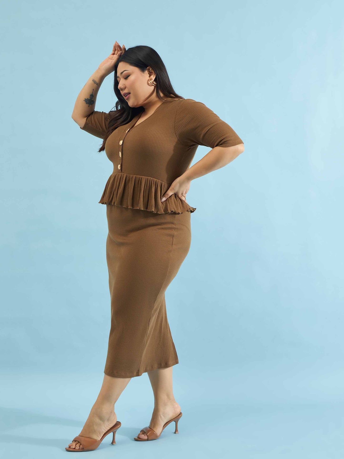Brown Rib Front Peplum Bodycon Midi Dress
