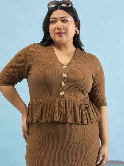 Brown Rib Front Peplum Bodycon Midi Dress