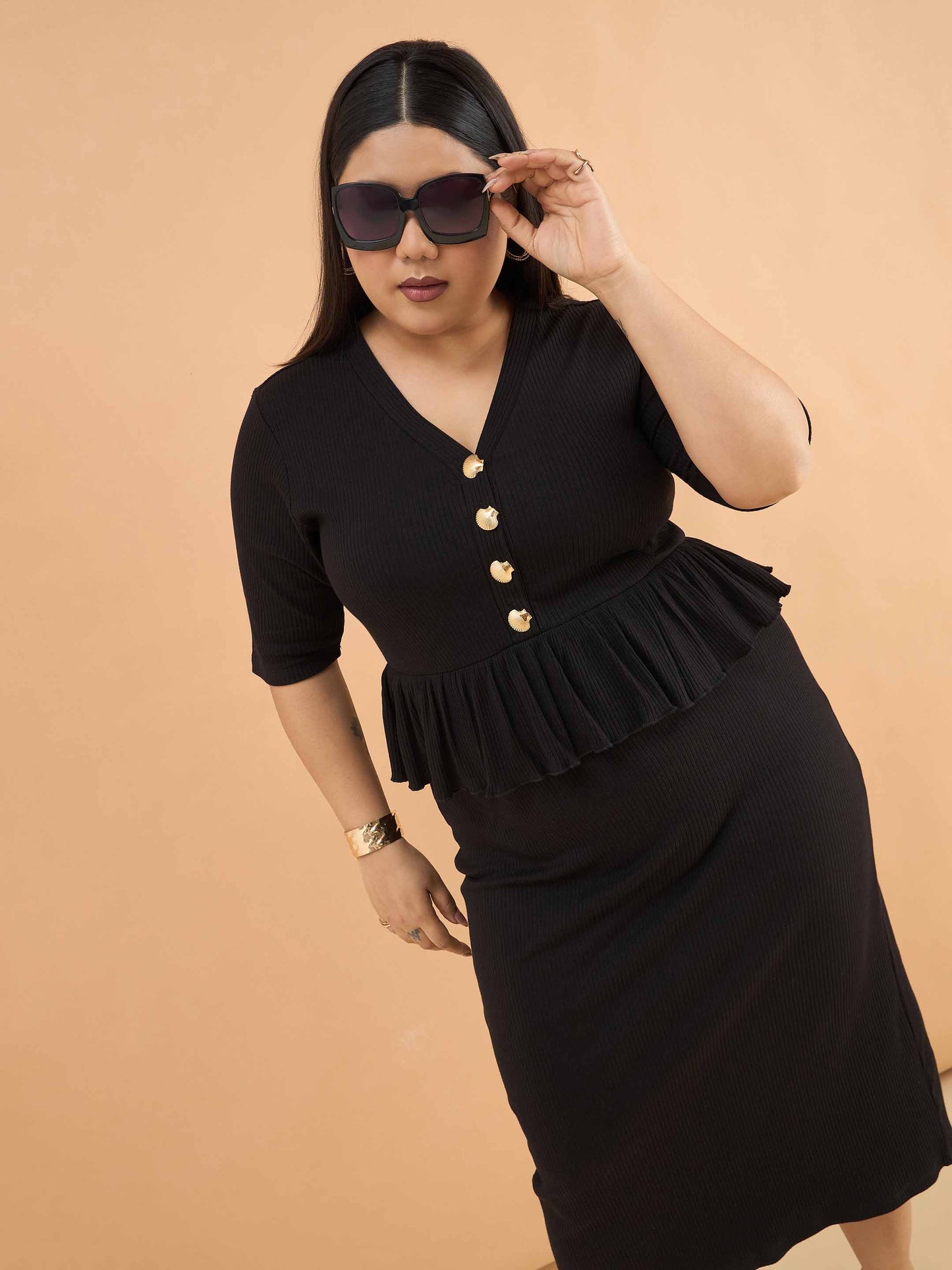 Black Rib Front Peplum Bodycon Midi Dress