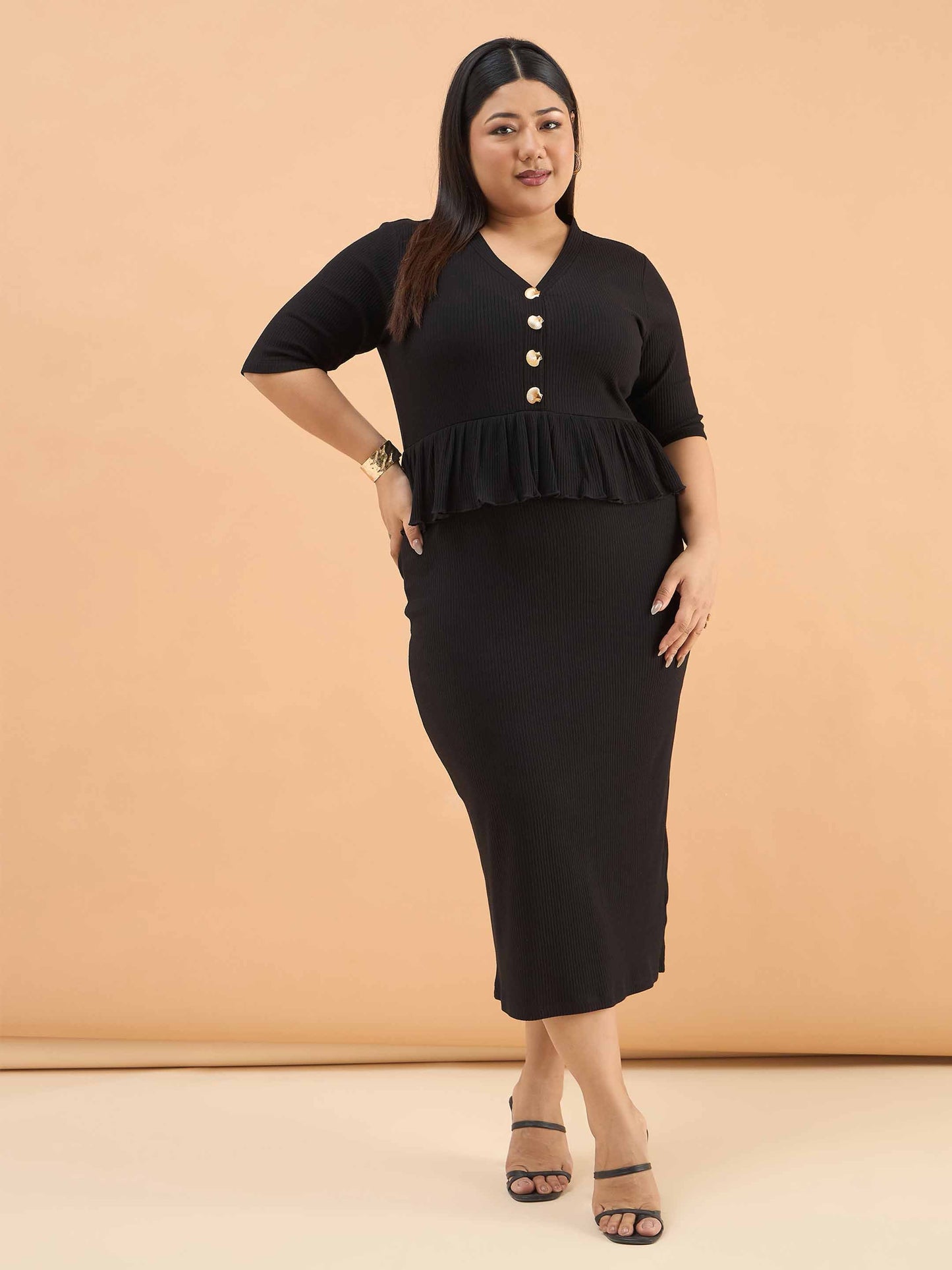 Black Rib Front Peplum Bodycon Midi Dress