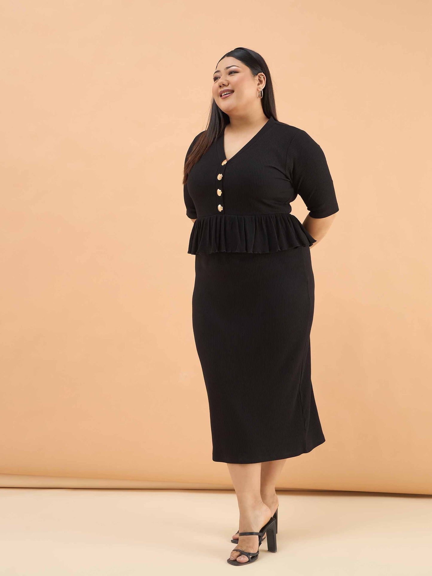 Black Rib Front Peplum Bodycon Midi Dress