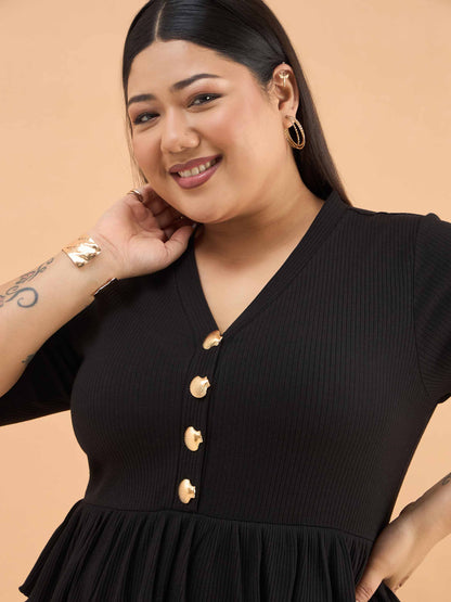 Black Rib Front Peplum Bodycon Midi Dress