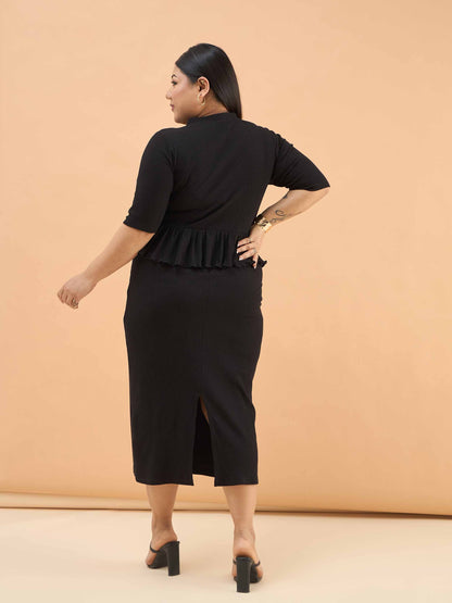 Black Rib Front Peplum Bodycon Midi Dress