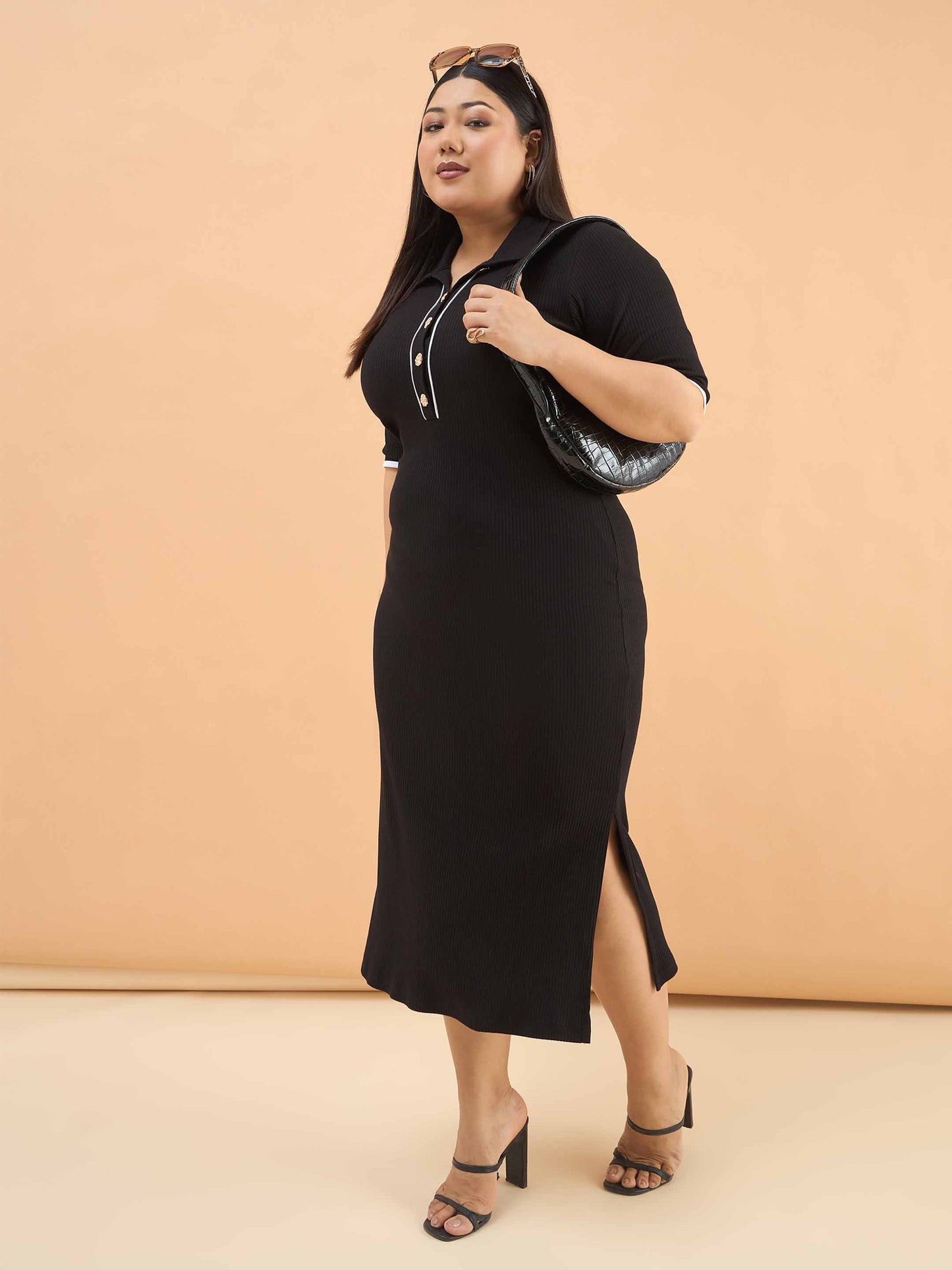 Black Rib Polo Neck Side Slit Midi Dress