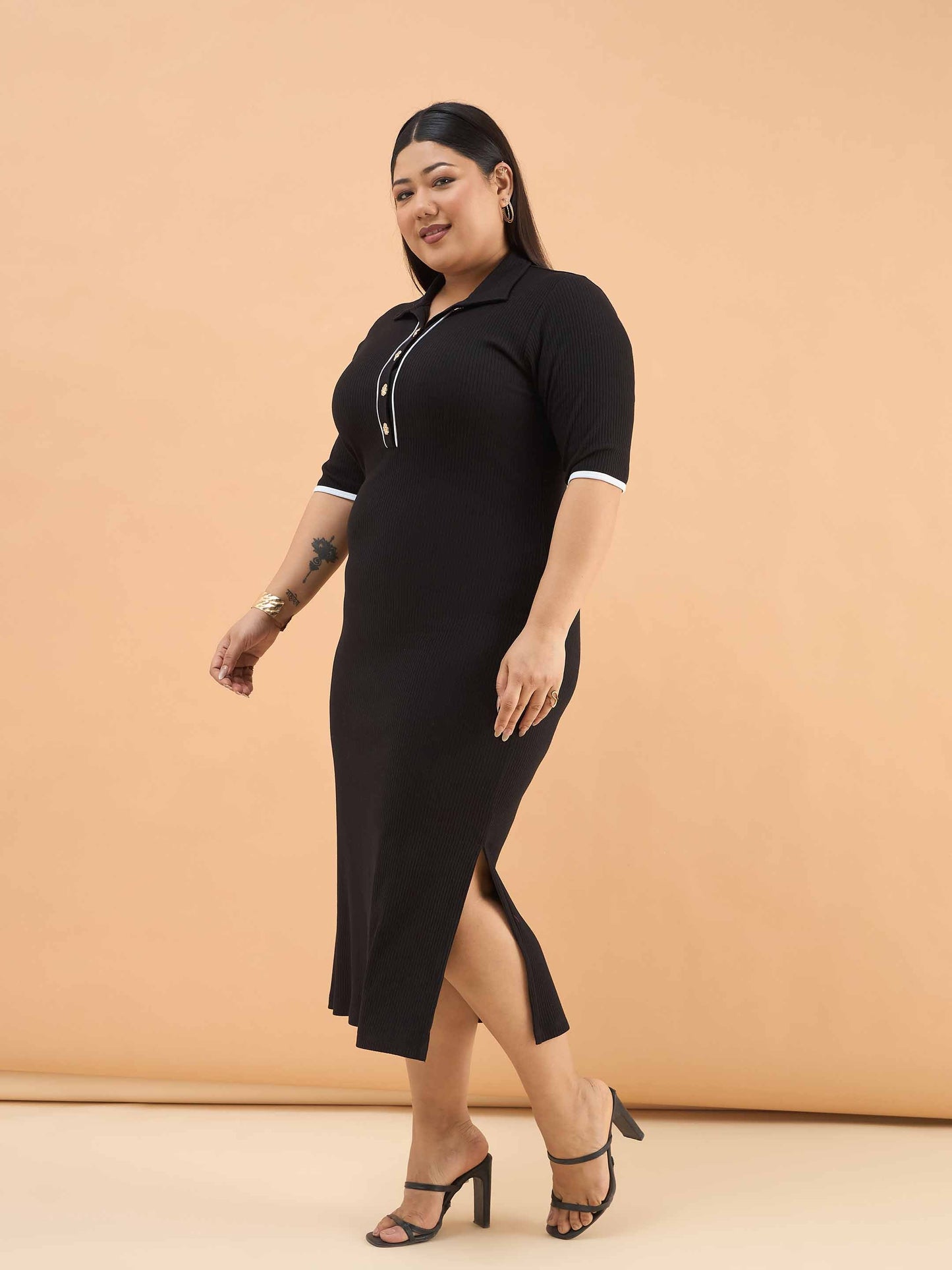 Black Rib Polo Neck Side Slit Midi Dress