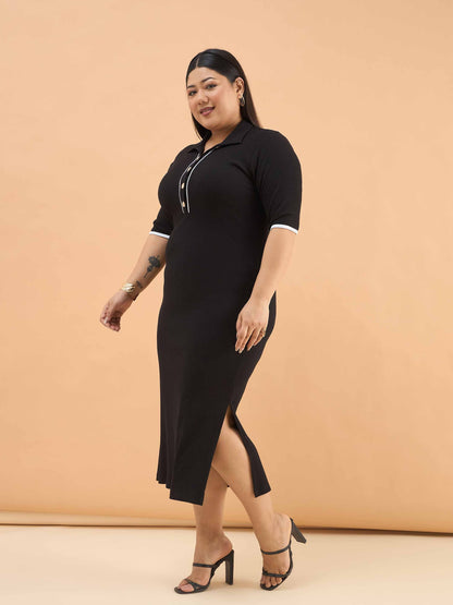Black Rib Polo Neck Side Slit Midi Dress