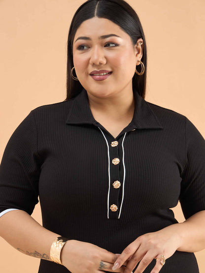 Black Rib Polo Neck Side Slit Midi Dress