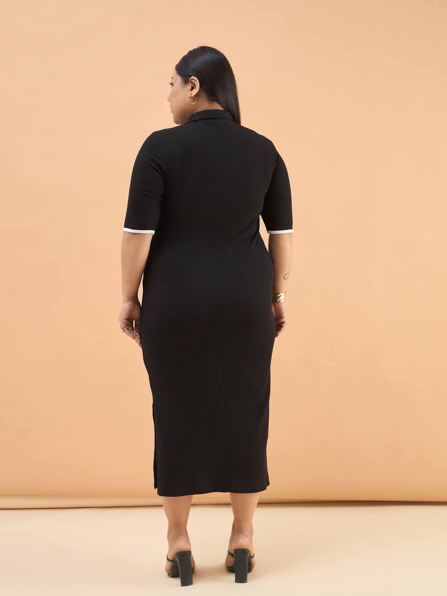 Black Rib Polo Neck Side Slit Midi Dress