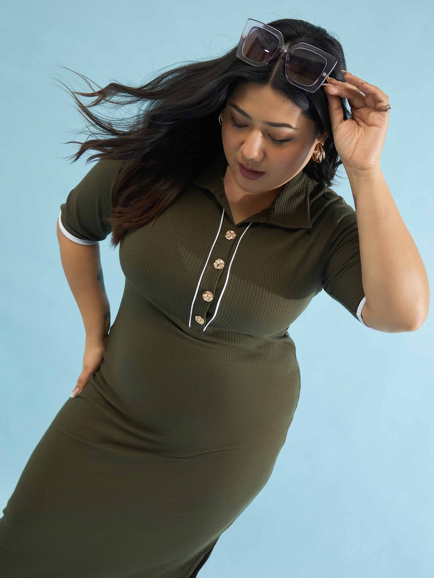 Olive Rib Polo Neck Side Slit Midi Dress