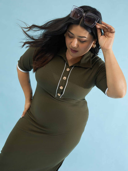 Olive Rib Polo Neck Side Slit Midi Dress