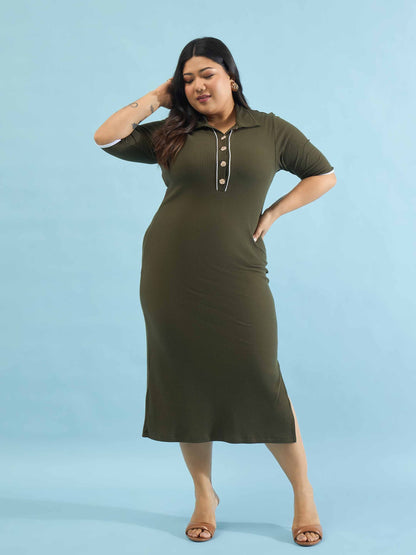 Olive Rib Polo Neck Side Slit Midi Dress