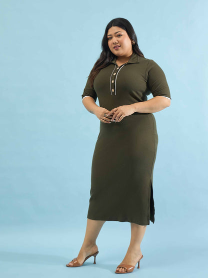 Olive Rib Polo Neck Side Slit Midi Dress
