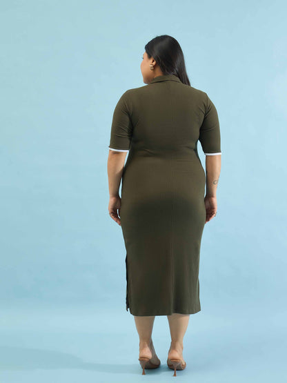 Olive Rib Polo Neck Side Slit Midi Dress