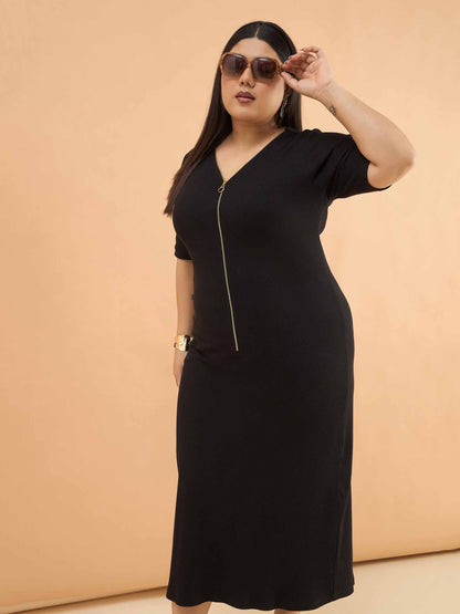 Black Rib Front Zipper Midi Dress