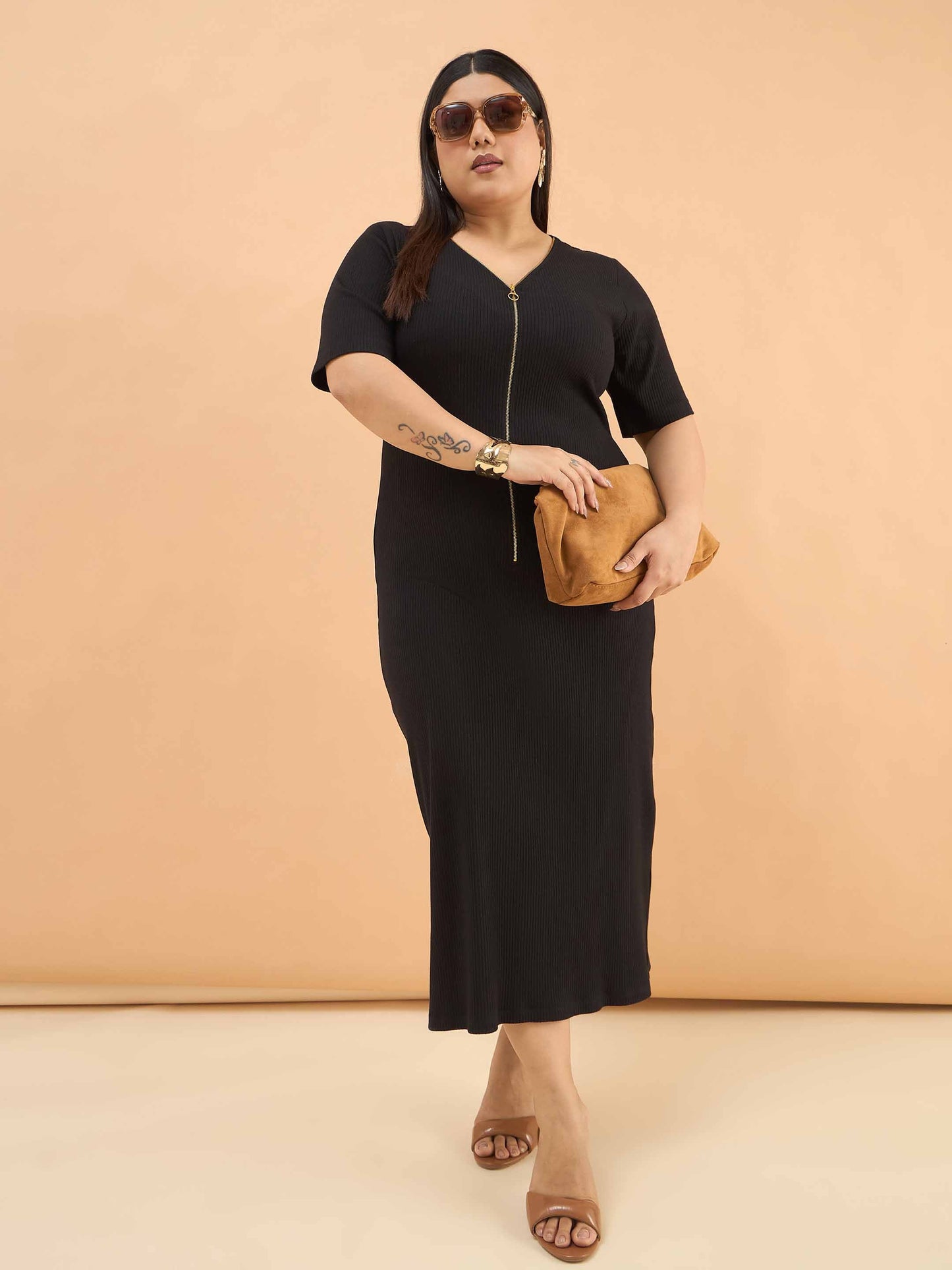 Black Rib Front Zipper Midi Dress
