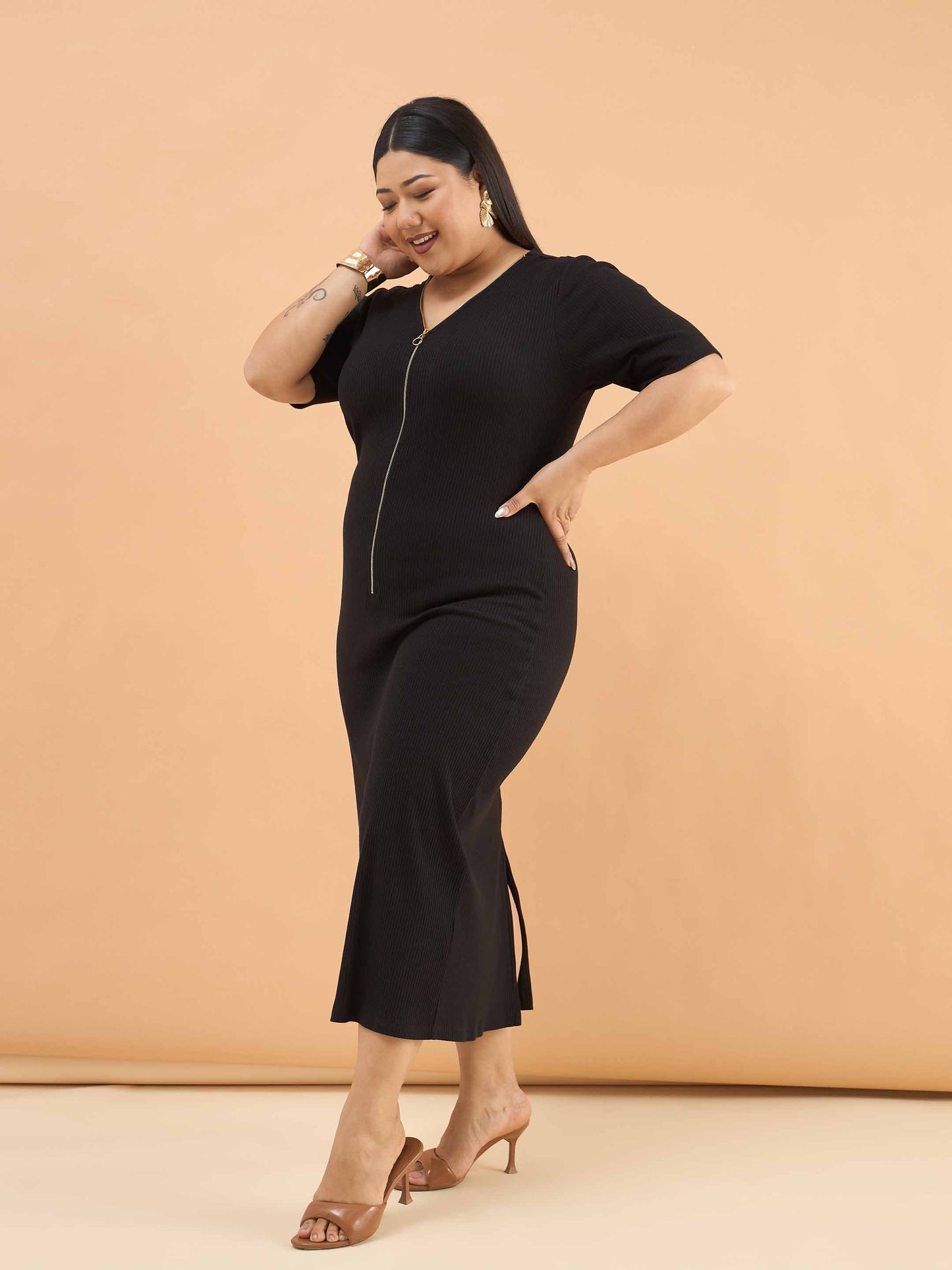 Black Rib Front Zipper Midi Dress