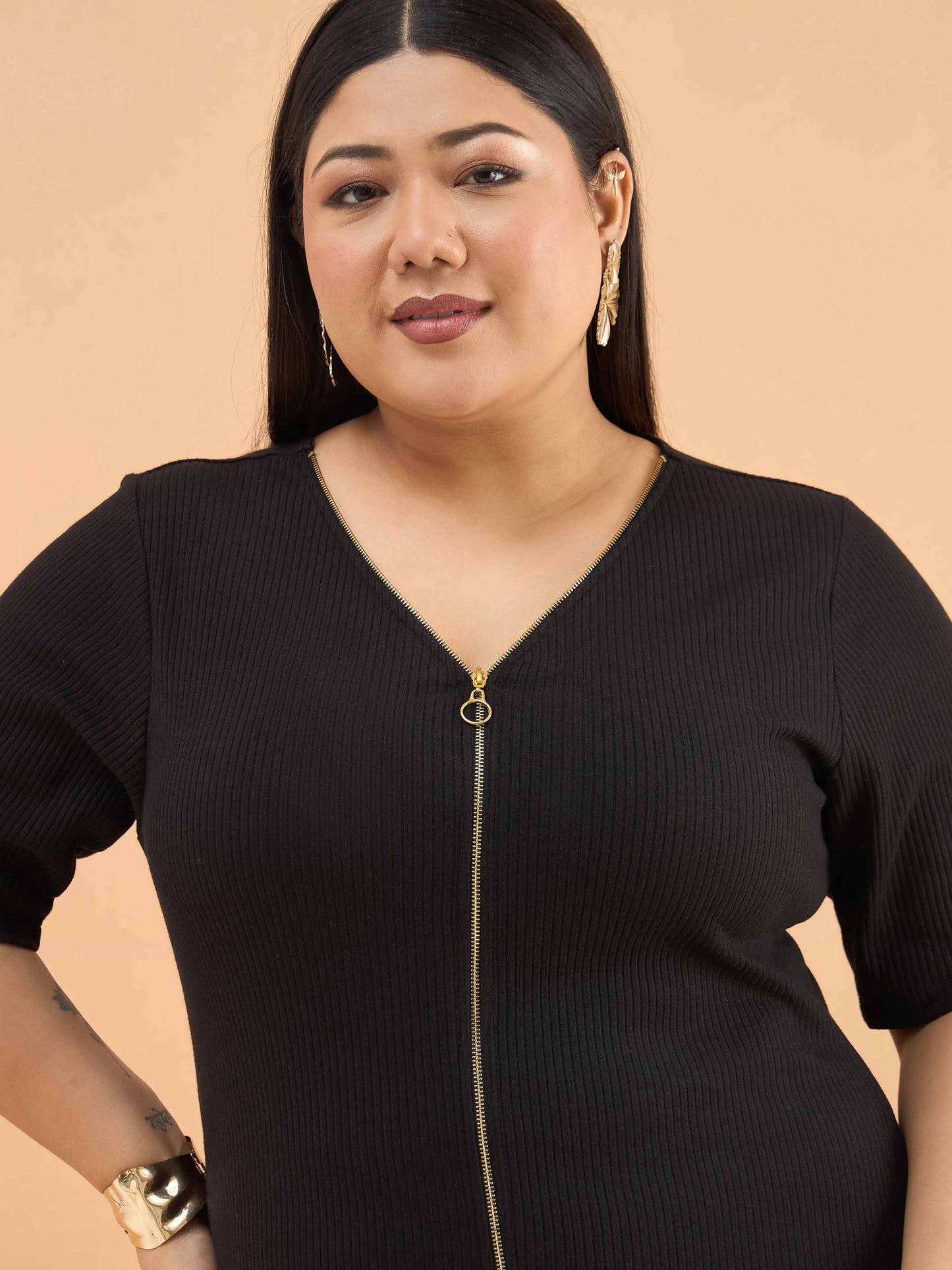 Black Rib Front Zipper Midi Dress