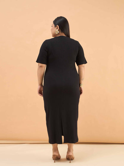 Black Rib Front Zipper Midi Dress