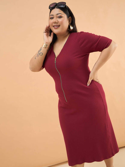 Maroon Rib Front Zipper Midi Dress