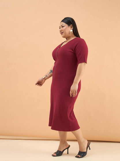 Maroon Rib Front Zipper Midi Dress