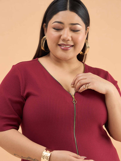 Maroon Rib Front Zipper Midi Dress