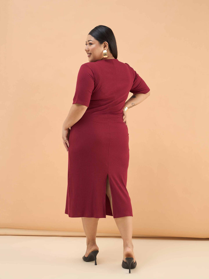 Maroon Rib Front Zipper Midi Dress