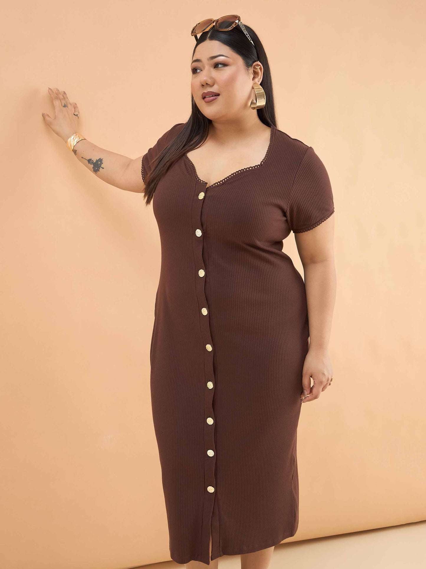 Brown Rib Button Down Midi Dress