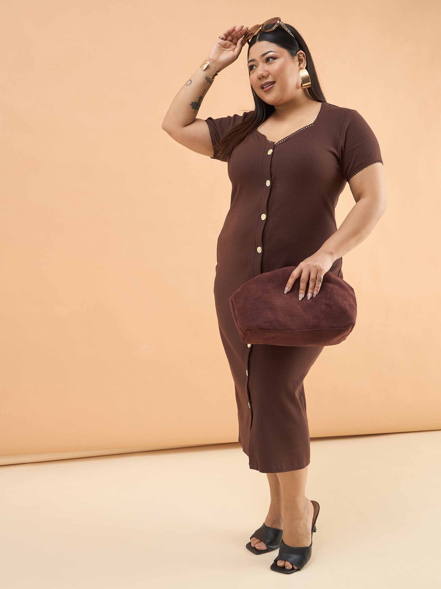 Brown Rib Button Down Midi Dress