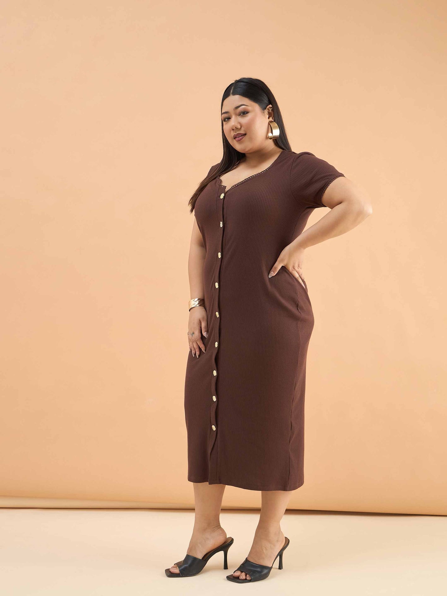 Brown Rib Button Down Midi Dress