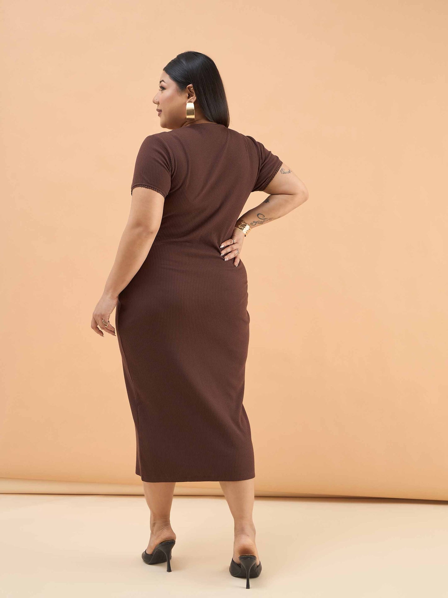 Brown Rib Button Down Midi Dress
