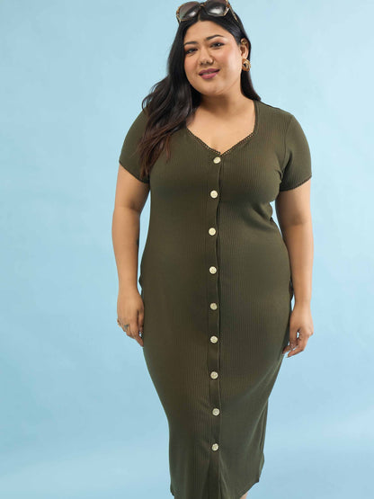 Olive Rib Button Down Midi Dress