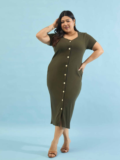 Olive Rib Button Down Midi Dress