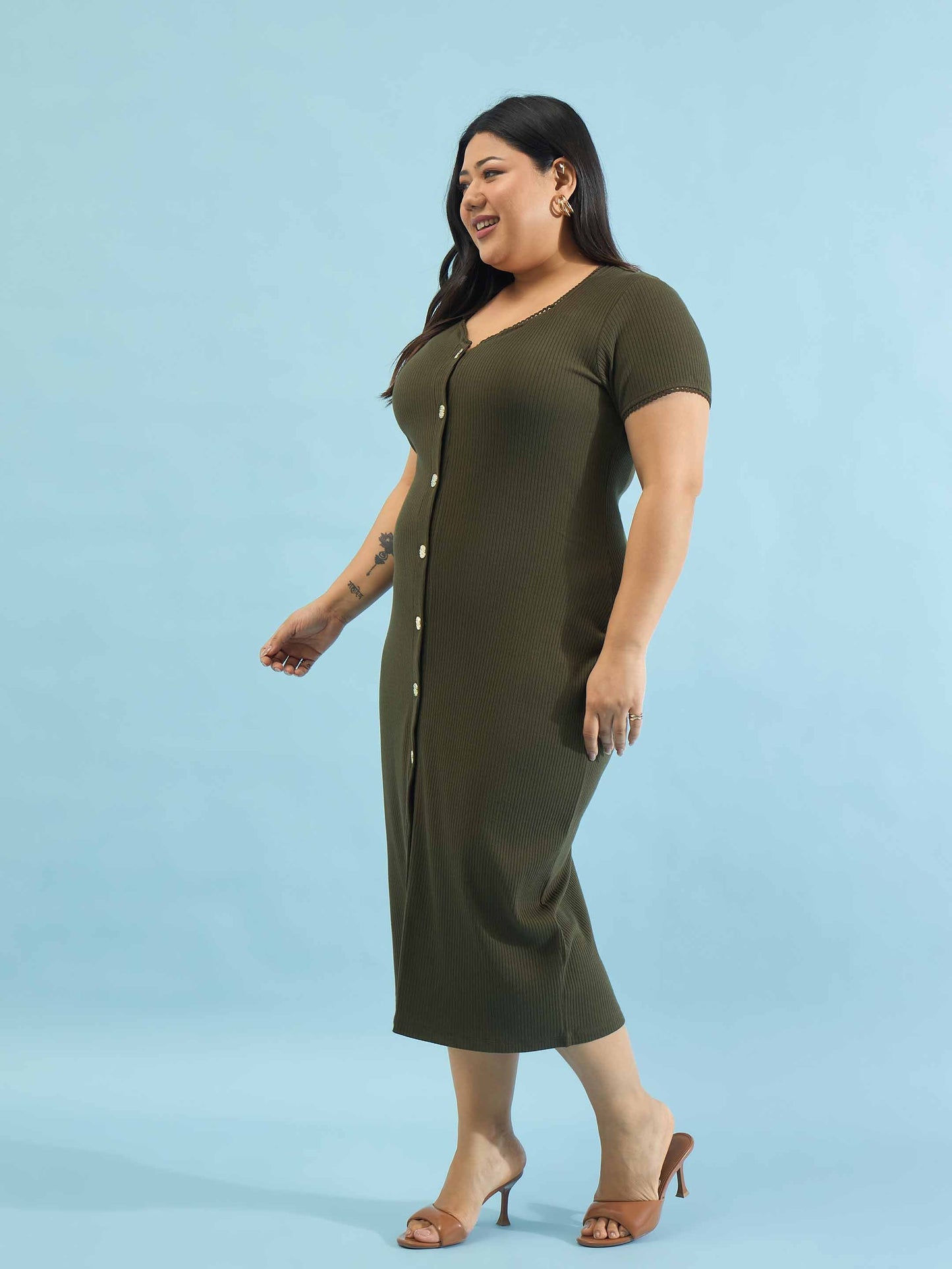 Olive Rib Button Down Midi Dress