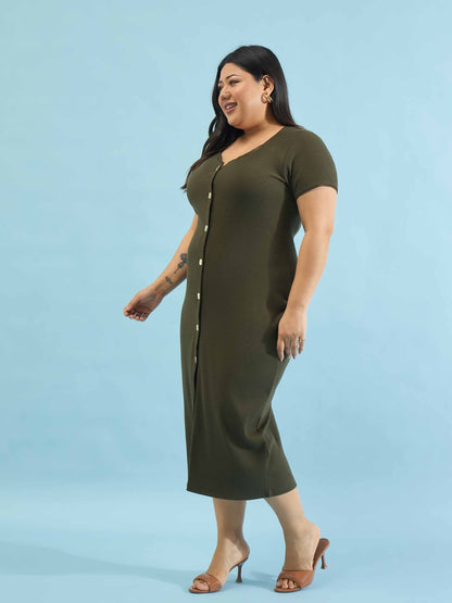 Olive Rib Button Down Midi Dress