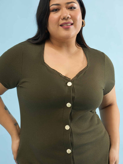 Olive Rib Button Down Midi Dress